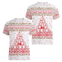 Tunisia Christmas Women V-Neck T-Shirt with Red Falcon Tree White Snowflake Pattern and Festive Borders - Wonder Print Shop