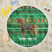 Turkmenistan Christmas Beach Blanket with Decorated Horse Crescent Moon Pattern and Traditional Carpet - Wonder Print Shop