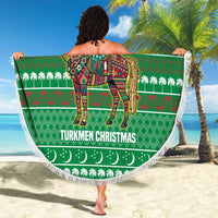 Turkmenistan Christmas Beach Blanket with Decorated Horse Crescent Moon Pattern and Traditional Carpet - Wonder Print Shop