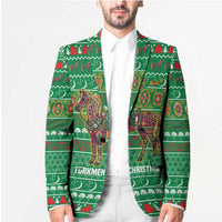 Turkmenistan Christmas Blazer with Decorated Horse Crescent Moon Pattern and Traditional Carpet - Wonder Print Shop