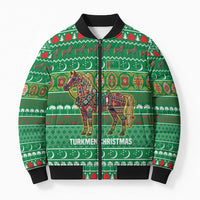 Turkmenistan Christmas Bomber Puffer Jacket with Decorated Horse Crescent Moon Pattern and Traditional Carpet - Wonder Print Shop