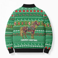 Turkmenistan Christmas Bomber Puffer Jacket with Decorated Horse Crescent Moon Pattern and Traditional Carpet - Wonder Print Shop