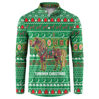 Turkmenistan Christmas Button Sweatshirt with Decorated Horse Crescent Moon Pattern and Traditional Carpet - Wonder Print Shop