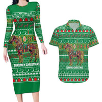 Turkmenistan Christmas Couples Matching Long Sleeve Bodycon Dress and Hawaiian Shirt with Decorated Horse Crescent Moon Pattern and Traditional Carpet - Wonder Print Shop