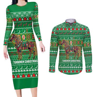 Turkmenistan Christmas Couples Matching Long Sleeve Bodycon Dress and Long Sleeve Button Shirt with Decorated Horse Crescent Moon Pattern and Traditional Carpet - Wonder Print Shop