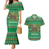 Turkmenistan Christmas Couples Matching Mermaid Dress and Hawaiian Shirt with Decorated Horse Crescent Moon Pattern and Traditional Carpet - Wonder Print Shop