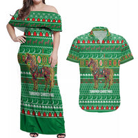 Turkmenistan Christmas Couples Matching Off Shoulder Maxi Dress and Hawaiian Shirt with Decorated Horse Crescent Moon Pattern and Traditional Carpet - Wonder Print Shop