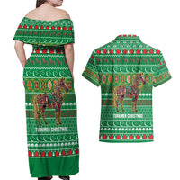 Turkmenistan Christmas Couples Matching Off Shoulder Maxi Dress and Hawaiian Shirt with Decorated Horse Crescent Moon Pattern and Traditional Carpet - Wonder Print Shop