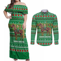 Turkmenistan Christmas Couples Matching Off Shoulder Maxi Dress and Long Sleeve Button Shirt with Decorated Horse Crescent Moon Pattern and Traditional Carpet - Wonder Print Shop