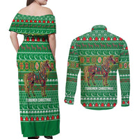 Turkmenistan Christmas Couples Matching Off Shoulder Maxi Dress and Long Sleeve Button Shirt with Decorated Horse Crescent Moon Pattern and Traditional Carpet - Wonder Print Shop