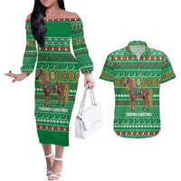 Turkmenistan Christmas Couples Matching Off The Shoulder Long Sleeve Dress and Hawaiian Shirt with Decorated Horse Crescent Moon Pattern and Traditional Carpet - Wonder Print Shop