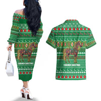 Turkmenistan Christmas Couples Matching Off The Shoulder Long Sleeve Dress and Hawaiian Shirt with Decorated Horse Crescent Moon Pattern and Traditional Carpet - Wonder Print Shop
