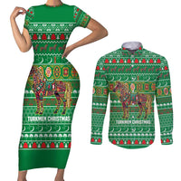 Turkmenistan Christmas Couples Matching Short Sleeve Bodycon Dress and Long Sleeve Button Shirt with Decorated Horse Crescent Moon Pattern and Traditional Carpet - Wonder Print Shop