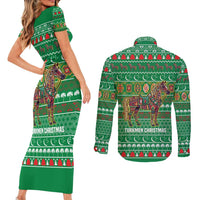 Turkmenistan Christmas Couples Matching Short Sleeve Bodycon Dress and Long Sleeve Button Shirt with Decorated Horse Crescent Moon Pattern and Traditional Carpet - Wonder Print Shop