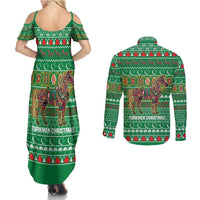 Turkmenistan Christmas Couples Matching Summer Maxi Dress and Long Sleeve Button Shirt with Decorated Horse Crescent Moon Pattern and Traditional Carpet - Wonder Print Shop