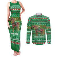 Turkmenistan Christmas Couples Matching Tank Maxi Dress and Long Sleeve Button Shirt with Decorated Horse Crescent Moon Pattern and Traditional Carpet - Wonder Print Shop