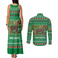 Turkmenistan Christmas Couples Matching Tank Maxi Dress and Long Sleeve Button Shirt with Decorated Horse Crescent Moon Pattern and Traditional Carpet - Wonder Print Shop