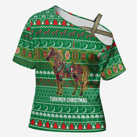 Turkmenistan Christmas Cross Shoulder Shirt with Decorated Horse Crescent Moon Pattern and Traditional Carpet - Wonder Print Shop