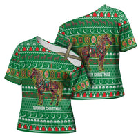 Turkmenistan Christmas Cross Shoulder Shirt with Decorated Horse Crescent Moon Pattern and Traditional Carpet - Wonder Print Shop