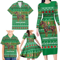 Turkmenistan Christmas Family Matching Long Sleeve Bodycon Dress and Hawaiian Shirt with Decorated Horse Crescent Moon Pattern and Traditional Carpet - Wonder Print Shop