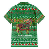 Turkmenistan Christmas Family Matching Off The Shoulder Long Sleeve Dress and Hawaiian Shirt with Decorated Horse Crescent Moon Pattern and Traditional Carpet - Wonder Print Shop
