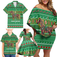 Turkmenistan Christmas Family Matching Off Shoulder Short Dress and Hawaiian Shirt with Decorated Horse Crescent Moon Pattern and Traditional Carpet - Wonder Print Shop