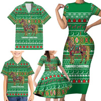Turkmenistan Christmas Family Matching Short Sleeve Bodycon Dress and Hawaiian Shirt with Decorated Horse Crescent Moon Pattern and Traditional Carpet - Wonder Print Shop