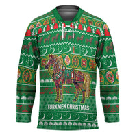 Turkmenistan Christmas Hockey Jersey with Decorated Horse Crescent Moon Pattern and Traditional Carpet - Wonder Print Shop