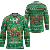 Turkmenistan Christmas Hockey Jersey with Decorated Horse Crescent Moon Pattern and Traditional Carpet - Wonder Print Shop