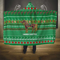 Turkmenistan Christmas Hooded Blanket with Decorated Horse Crescent Moon Pattern and Traditional Carpet - Wonder Print Shop