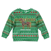 Turkmenistan Christmas Kid Ugly Christmas Sweater with Decorated Horse Crescent Moon Pattern and Traditional Carpet - Wonder Print Shop