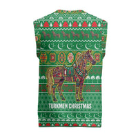 Turkmenistan Christmas Knitted V-Neck Vest with Decorated Horse Crescent Moon Pattern and Traditional Carpet - Wonder Print Shop