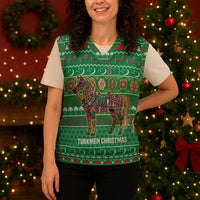 Turkmenistan Christmas Knitted V-Neck Vest with Decorated Horse Crescent Moon Pattern and Traditional Carpet - Wonder Print Shop