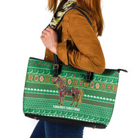 Turkmenistan Christmas Leather Tote Bag with Decorated Horse Crescent Moon Pattern and Traditional Carpet - Wonder Print Shop