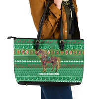 Turkmenistan Christmas Leather Tote Bag with Decorated Horse Crescent Moon Pattern and Traditional Carpet - Wonder Print Shop