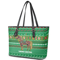 Turkmenistan Christmas Leather Tote Bag with Decorated Horse Crescent Moon Pattern and Traditional Carpet - Wonder Print Shop