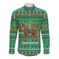 Turkmenistan Christmas Long Sleeve Button Shirt with Decorated Horse Crescent Moon Pattern and Traditional Carpet - Wonder Print Shop