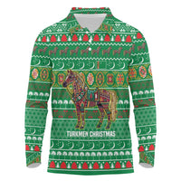 Turkmenistan Christmas Long Sleeve Polo Shirt with Decorated Horse Crescent Moon Pattern and Traditional Carpet - Wonder Print Shop