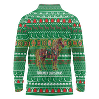 Turkmenistan Christmas Long Sleeve Polo Shirt with Decorated Horse Crescent Moon Pattern and Traditional Carpet - Wonder Print Shop