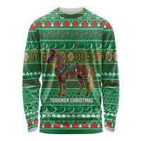 Turkmenistan Christmas Long Sleeve Shirt with Decorated Horse Crescent Moon Pattern and Traditional Carpet - Wonder Print Shop