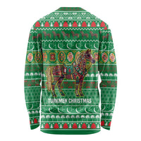 Turkmenistan Christmas Long Sleeve Shirt with Decorated Horse Crescent Moon Pattern and Traditional Carpet - Wonder Print Shop