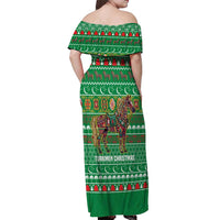 Turkmenistan Christmas Off Shoulder Maxi Dress with Decorated Horse Crescent Moon Pattern and Traditional Carpet - Wonder Print Shop