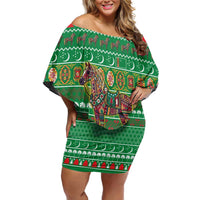 Turkmenistan Christmas Off Shoulder Short Dress with Decorated Horse Crescent Moon Pattern and Traditional Carpet - Wonder Print Shop