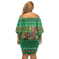 Turkmenistan Christmas Off Shoulder Short Dress with Decorated Horse Crescent Moon Pattern and Traditional Carpet - Wonder Print Shop