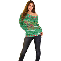 Turkmenistan Christmas Off Shoulder Sweater with Decorated Horse Crescent Moon Pattern and Traditional Carpet - Wonder Print Shop