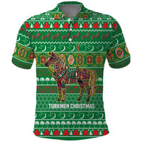 Turkmenistan Christmas Polo Shirt with Decorated Horse Crescent Moon Pattern and Traditional Carpet - Wonder Print Shop