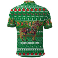 Turkmenistan Christmas Polo Shirt with Decorated Horse Crescent Moon Pattern and Traditional Carpet - Wonder Print Shop