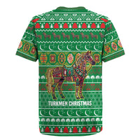 Turkmenistan Christmas Rugby Jersey with Decorated Horse Crescent Moon Pattern and Traditional Carpet - Wonder Print Shop