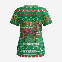 Turkmenistan Christmas Scrub Top with Decorated Horse Crescent Moon Pattern and Traditional Carpet - Wonder Print Shop
