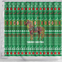 Turkmenistan Christmas Shower Curtain with Decorated Horse Crescent Moon Pattern and Traditional Carpet - Wonder Print Shop